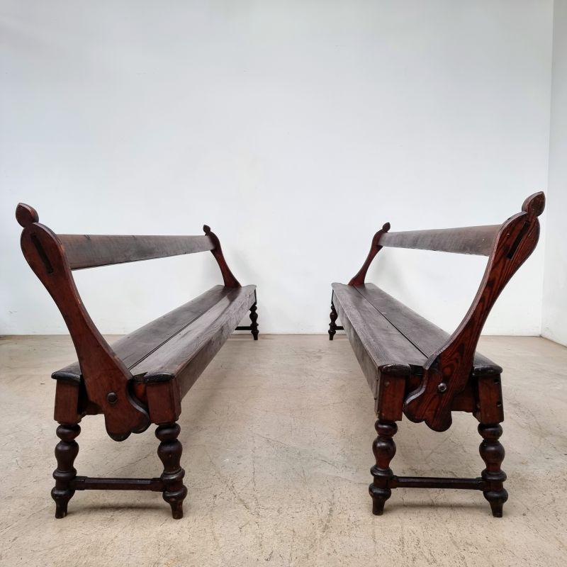 Impressive pair of large 19th benches in larch