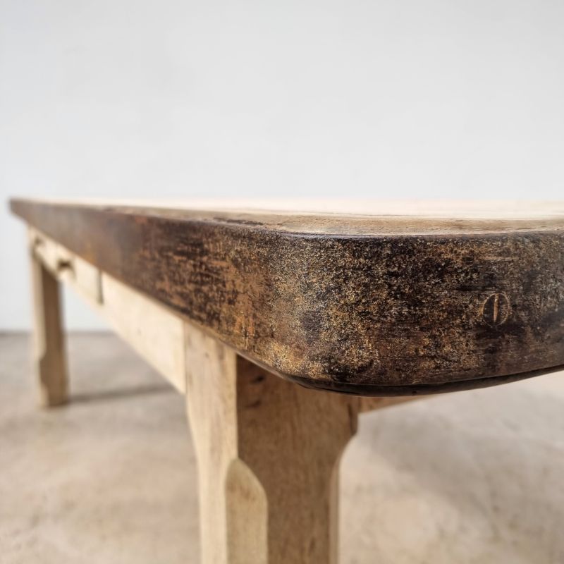 Large office table in bleached oak and metal belt circa 1900. Alternate view