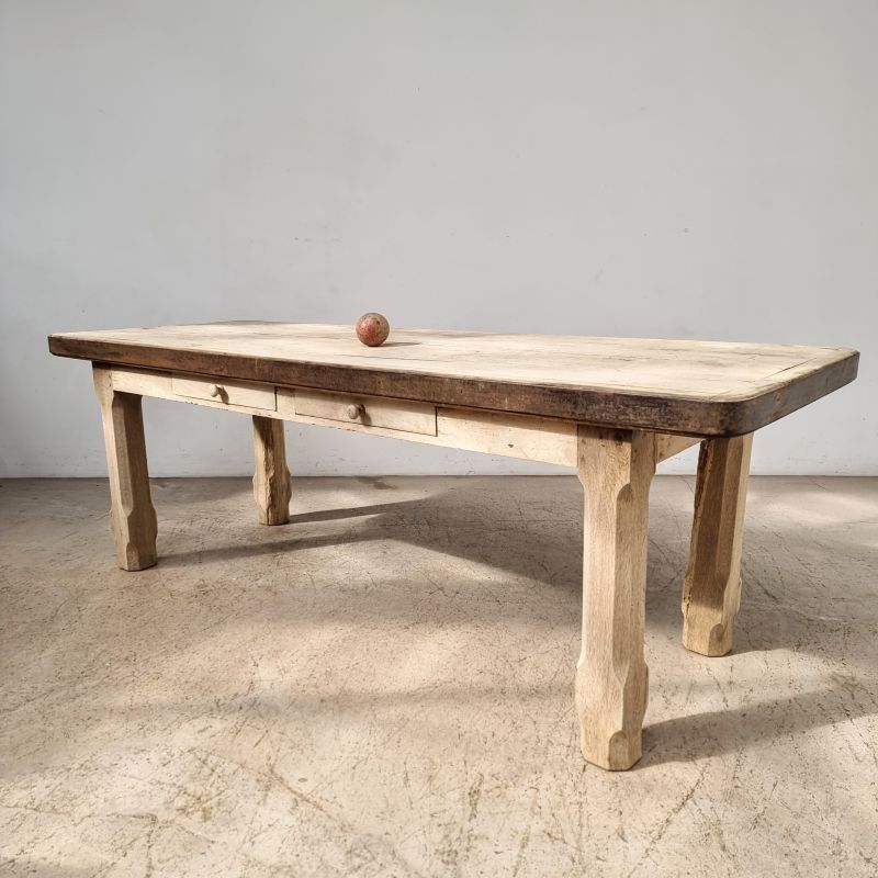 Large office table in bleached oak and metal belt circa 1900