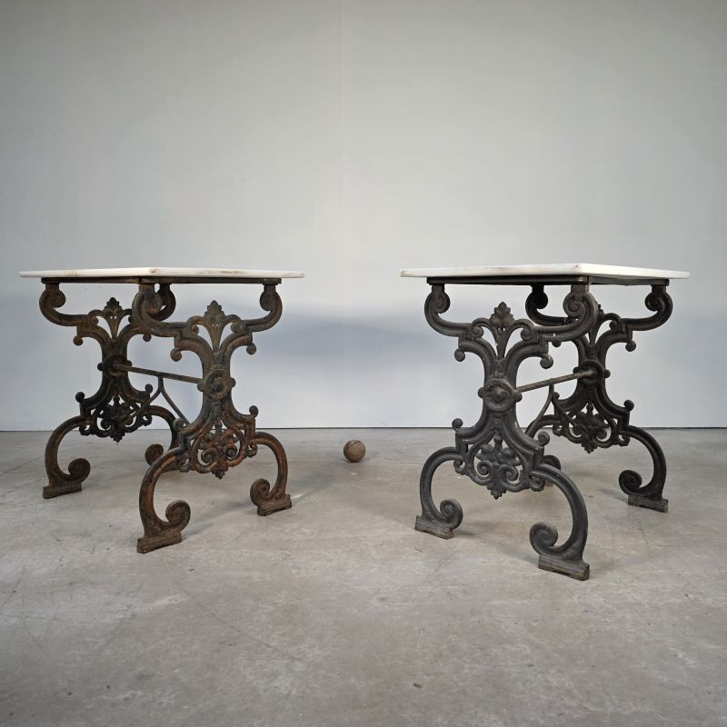 Pair of 19th cast iron tables, marble top.