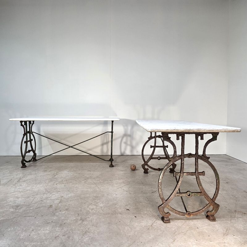 2 beautiful 19th garden tables, cast iron base, marble top