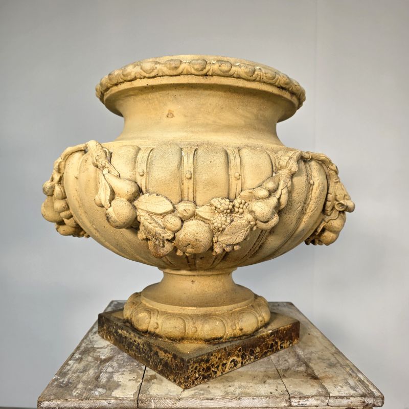 Large pair of cast iron garden urns, sign Ducel. Alternate view