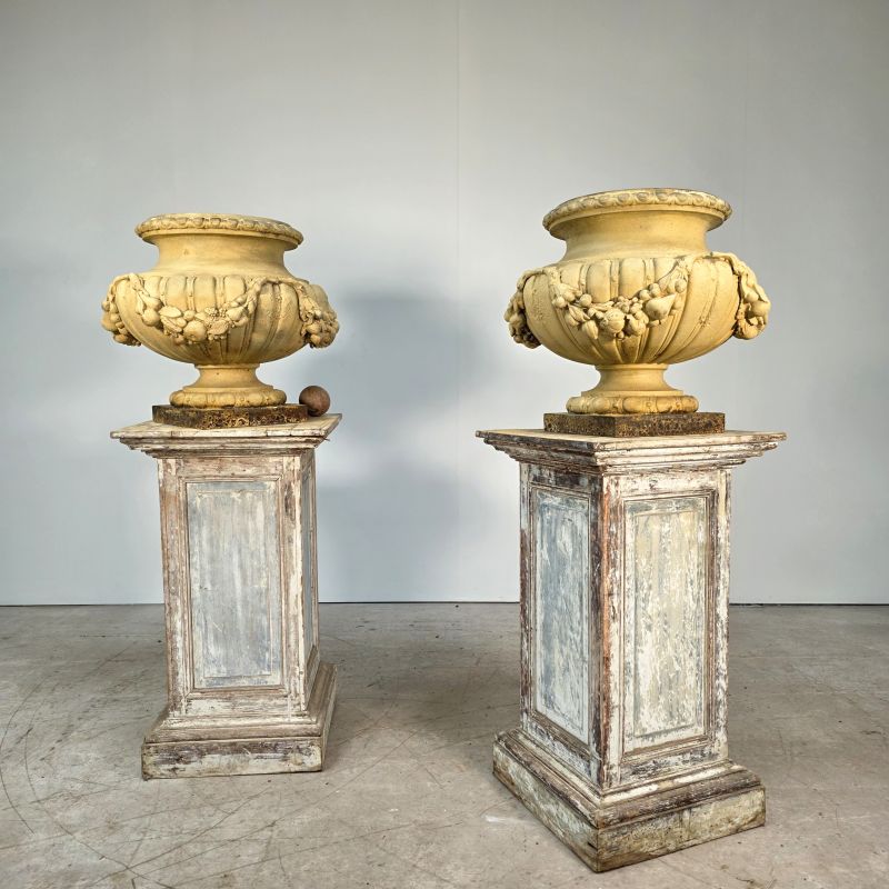 Large pair of cast iron garden urns, sign Ducel