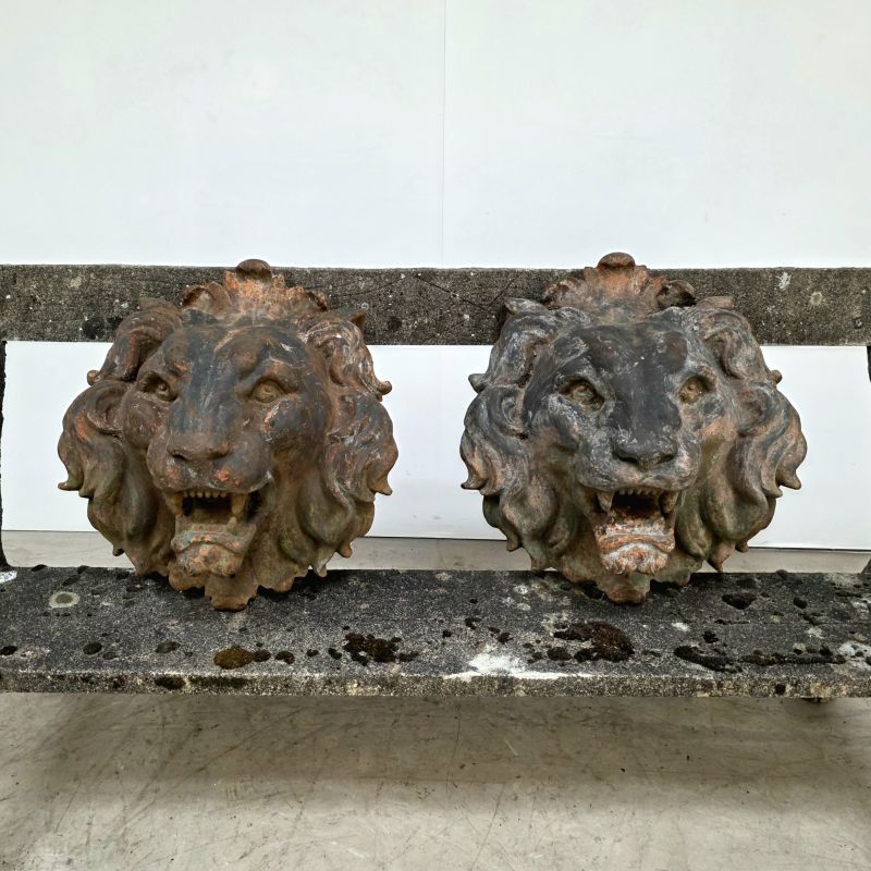 Huge pair of 19th cast iron lions heads