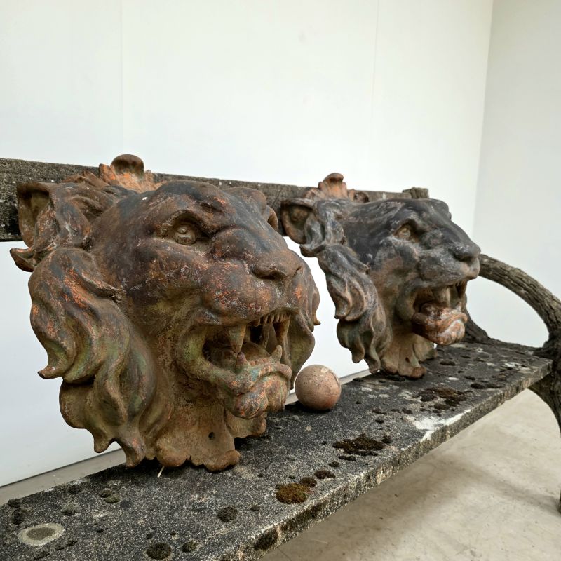 Huge pair of 19th cast iron lions heads. Alternate view