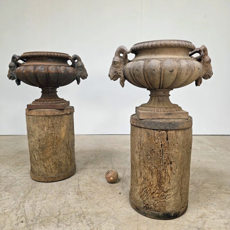 Pair of 19th cast iron urns with rams decoration