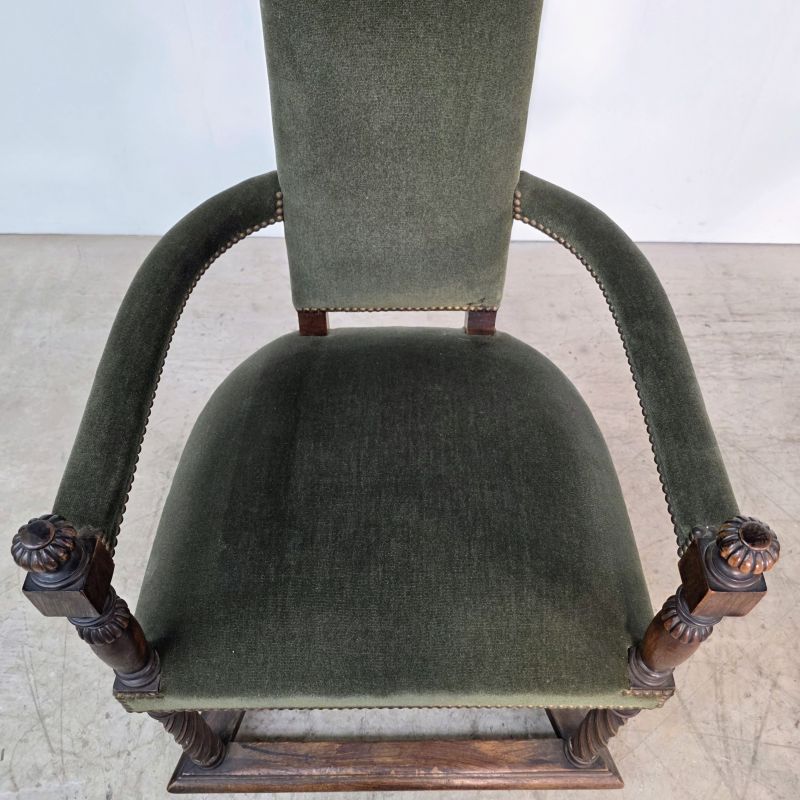 Elegant pair of oak gothic high-backed armchairs covered with velvet. Alternate view