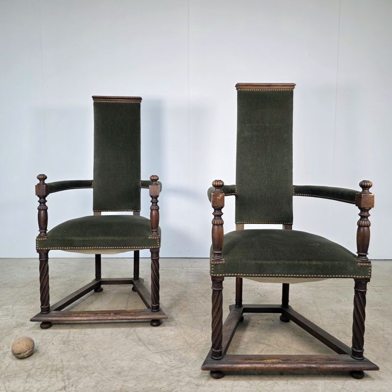 Elegant pair of oak gothic high-backed armchairs covered with velvet